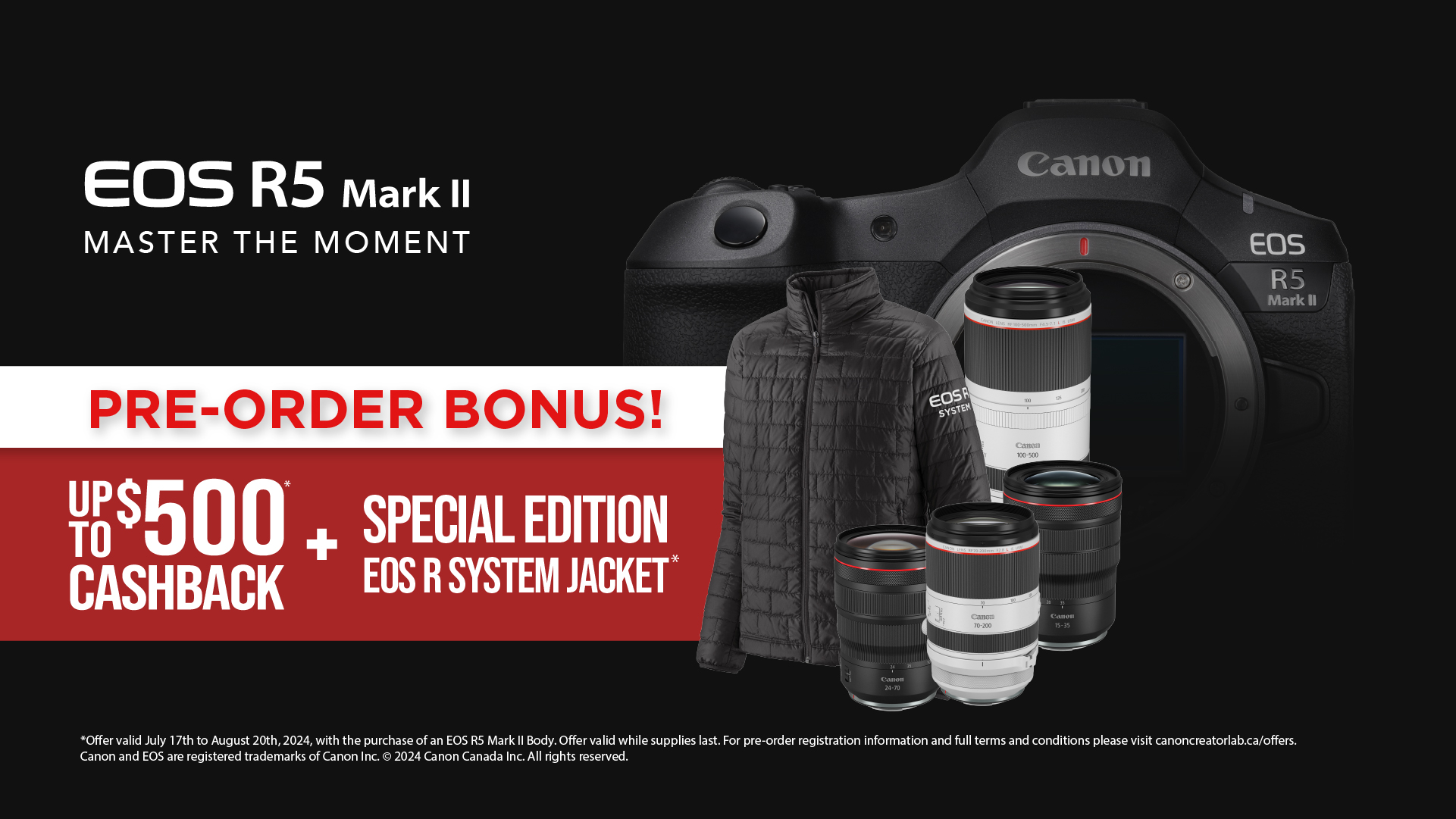 EOS R5 Mark II Pre-Order Bonus: Free jacket and up to $500 cashback on select lenses